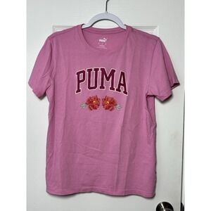 Puma Floral Faux Embroidery Womens Tee Size Medium Pink Logo